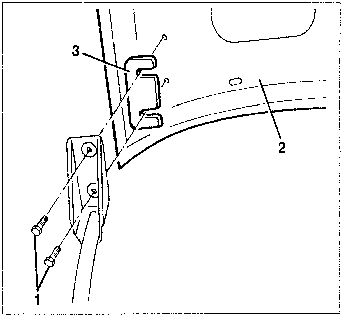 Diagram showing screws (1) and hinges (2, 3) for bonnet attachment