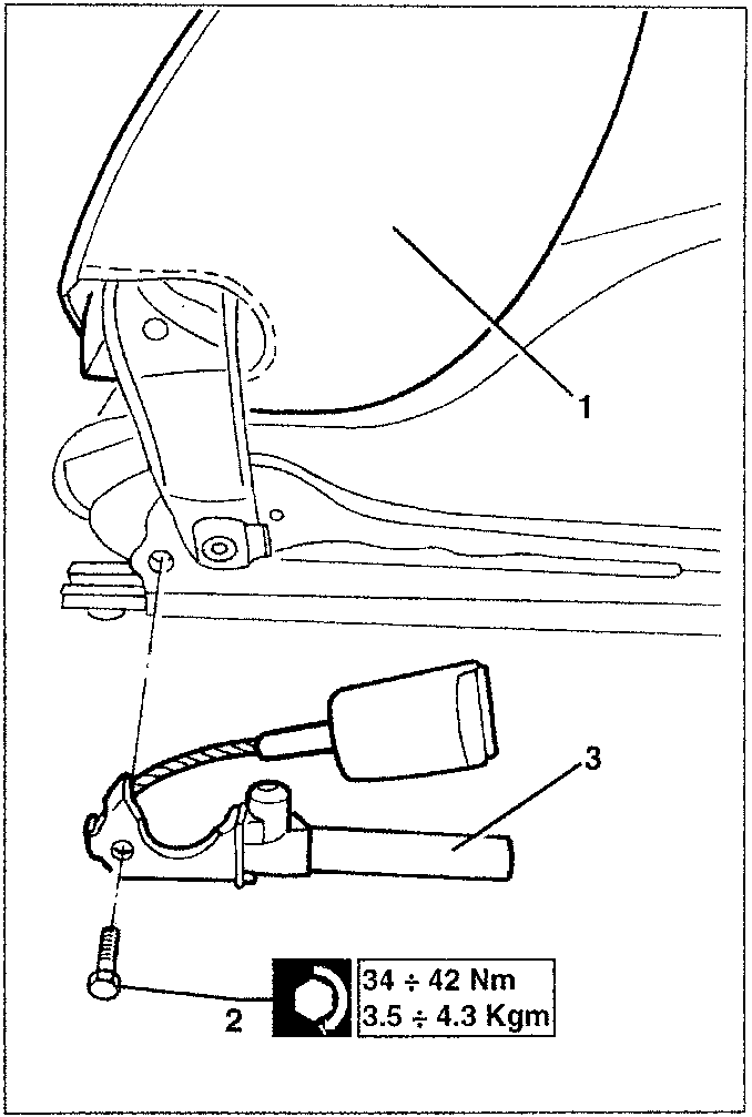 Close-up of seat belt attachment mechanism showing numbered parts: 1 = mounting bracket, 2 = screw, 3 = pre-tensioner unit