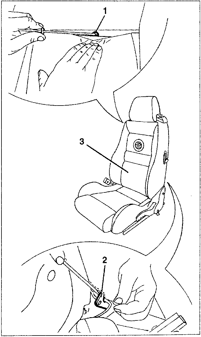 Diagram showing seat back padding removal with numbered parts 1, 2, and 3