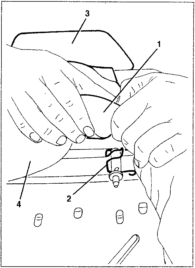 Diagram showing hands removing a retainer clip from a headrest pin with labeled parts 1, 2, 3, and 4