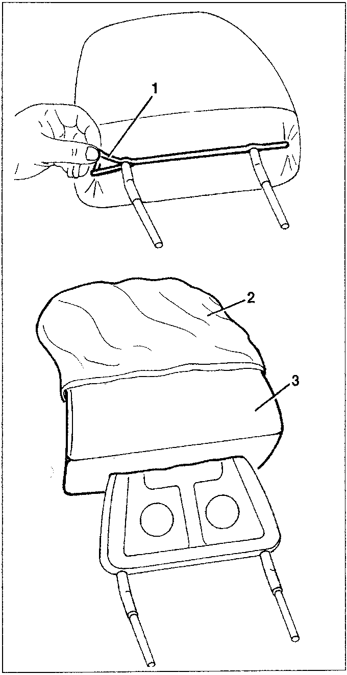 Diagram showing hand opening lower edge of headrest cover (1), then removing headrest cover (2) and headrest padding (3).