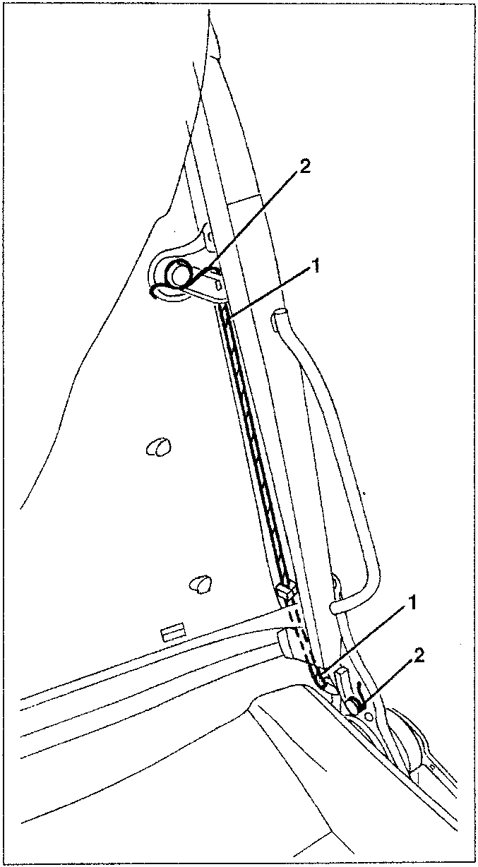 Diagram showing seat back tilting cable (1) and lever (2) in the car's interior.