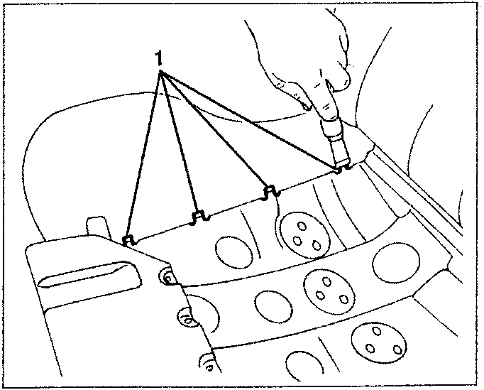 Diagram showing hands raising the rear and side edges of a cushion cover with tabs labeled 1