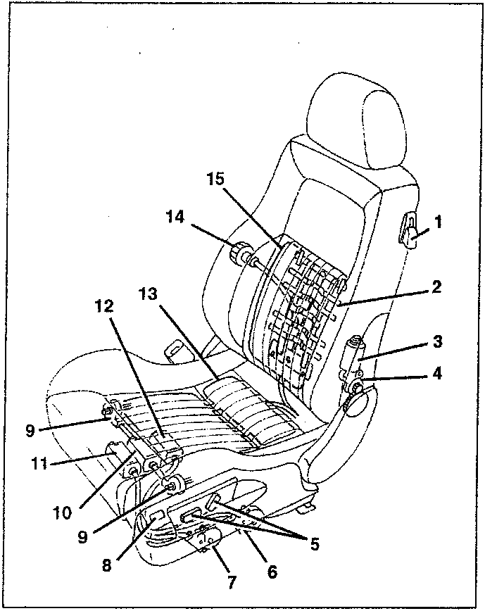 Diagram of electric front seat components with numbered parts