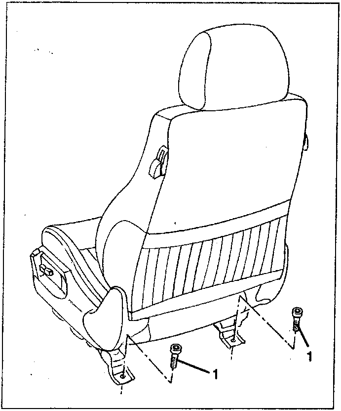 Front seat with bolts labeled 1 at rear and front guide points