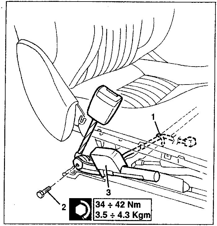 Seat belt pretensioner mechanism with bolts labeled 1, 2, and 3, and torque specification box