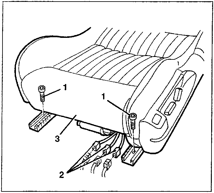 Front seat with bolts labeled 1 at rear and front guide points, and wiring harness labeled 2 and 3