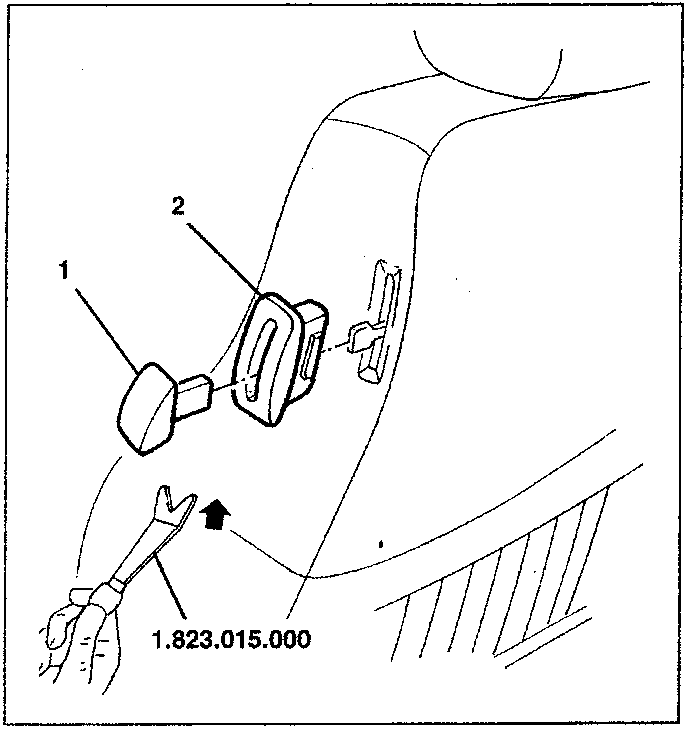Diagram showing tool 1.823.015.000 removing a knob labeled 1 and a retainer labeled 2