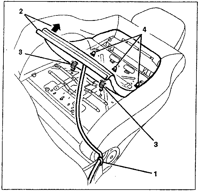 Diagram showing the removal of the centre cushion retaining tabs and retainer from the backrest centre cushion.
