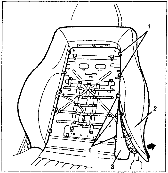 Diagram showing backrest angle adjustment motor removal with parts labeled 1, 2, 3.