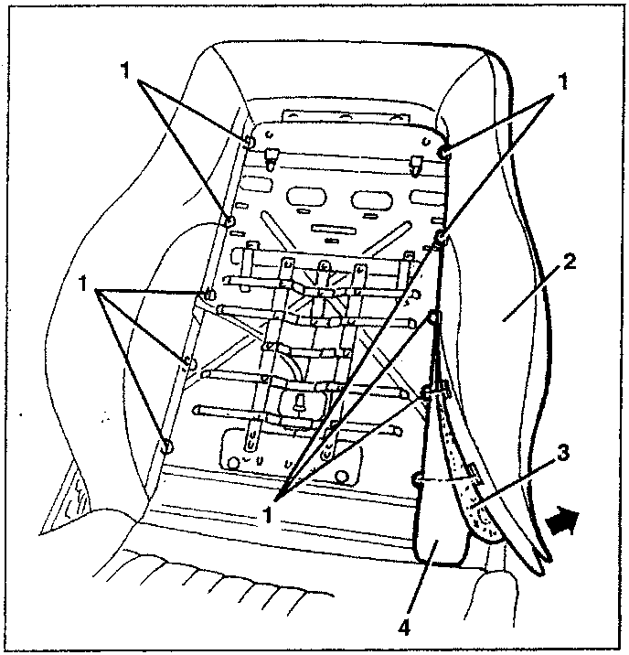 Diagram showing backrest cover removal with parts labeled 1, 2, 3, 4.