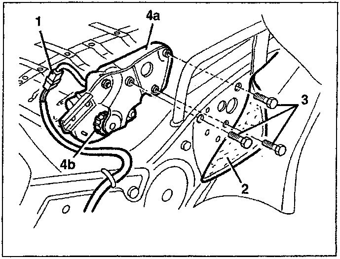 Diagram showing backrest angle adjustment motor components labeled 1, 2, 3, 4a, 4b.