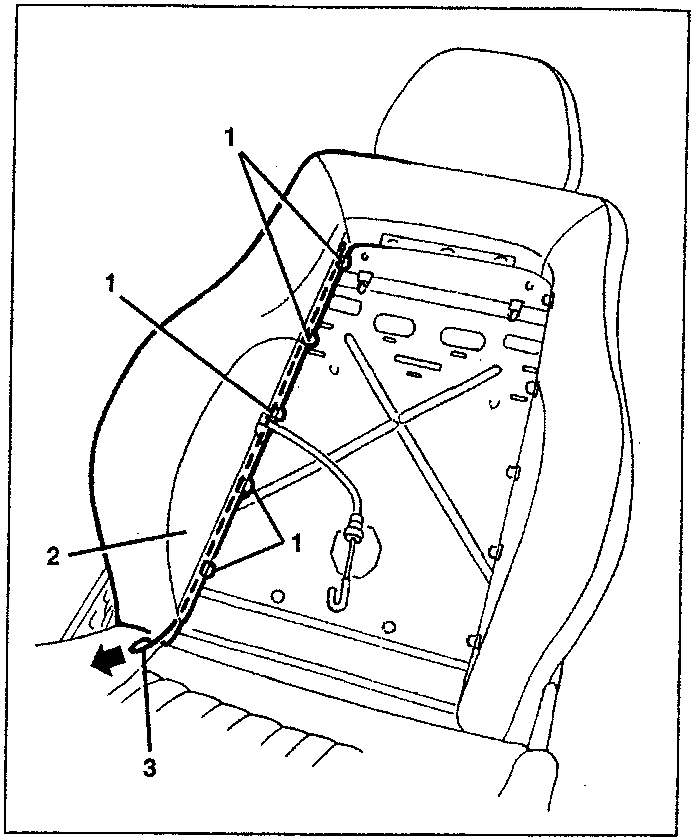Diagram showing the lumbar adjustment device attached to a car seat with labeled parts including the adjustment cable 3, cover 2, and retaining ring 1.