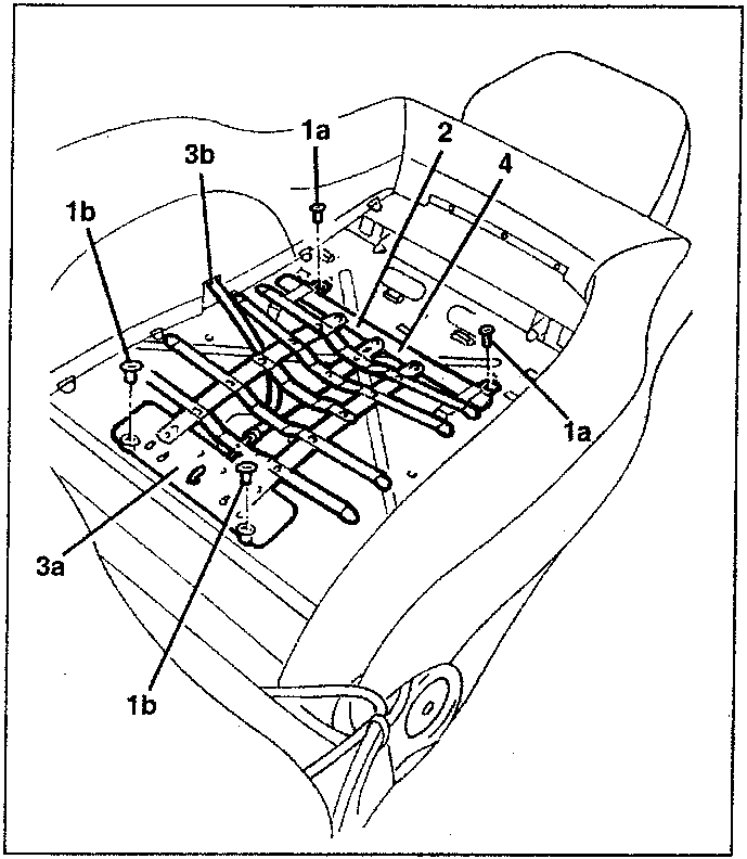 Diagram showing internal components of a car seat with labeled parts including rivets 1a, 1b, adjustment cable 3a, 3b, and cover 2.