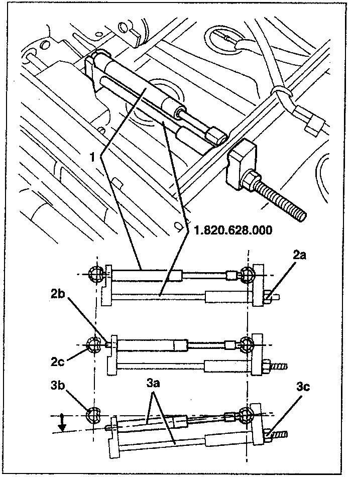 Diagram showing gas spring components with labels 1, 2a, 2b, 2c, 3a, 3b, 3c and special tool 1.820.628.000
