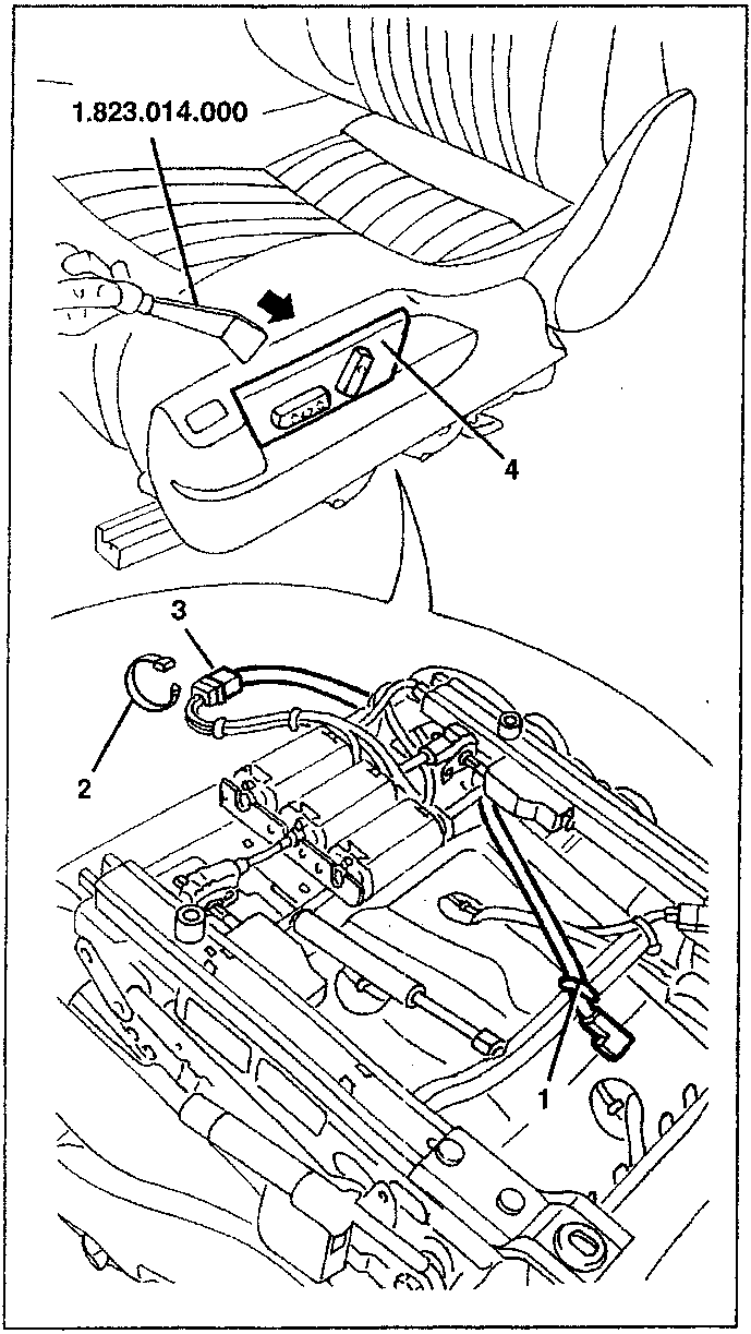 Diagram showing the removal of the seat movement switch unit with parts labeled 1, 2, 3, and 4, including a part number 1.823.014.000.