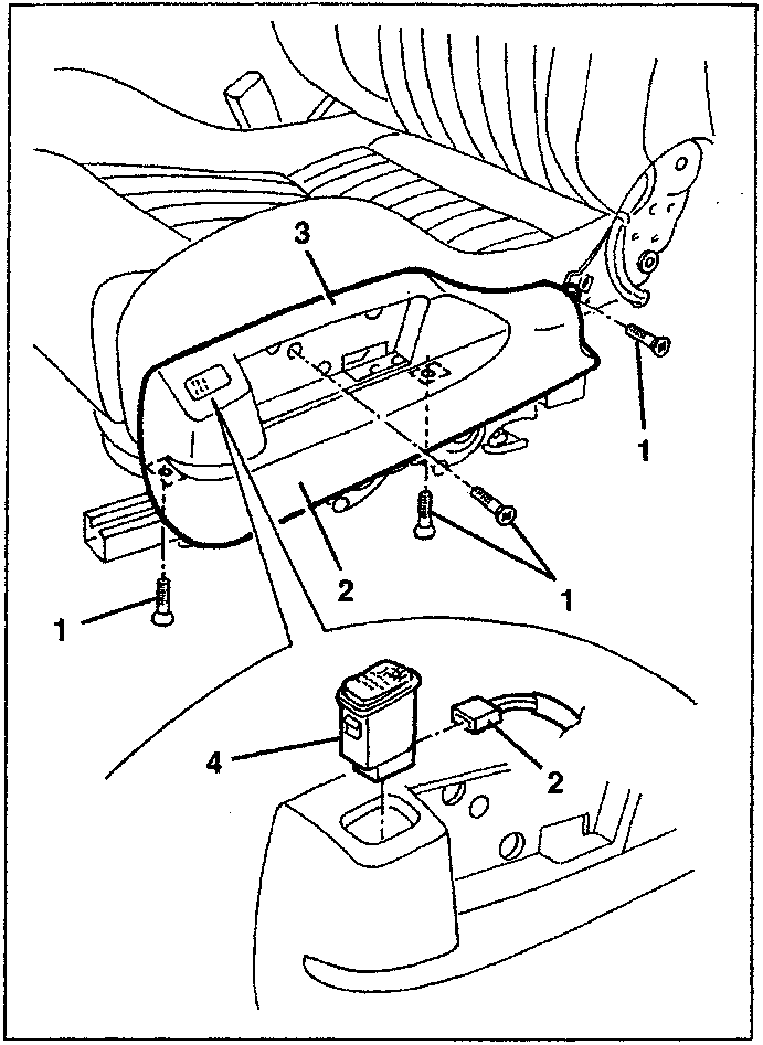 Diagram showing the refitting of the seat outer shield with parts labeled 1, 2, 3, and 4.