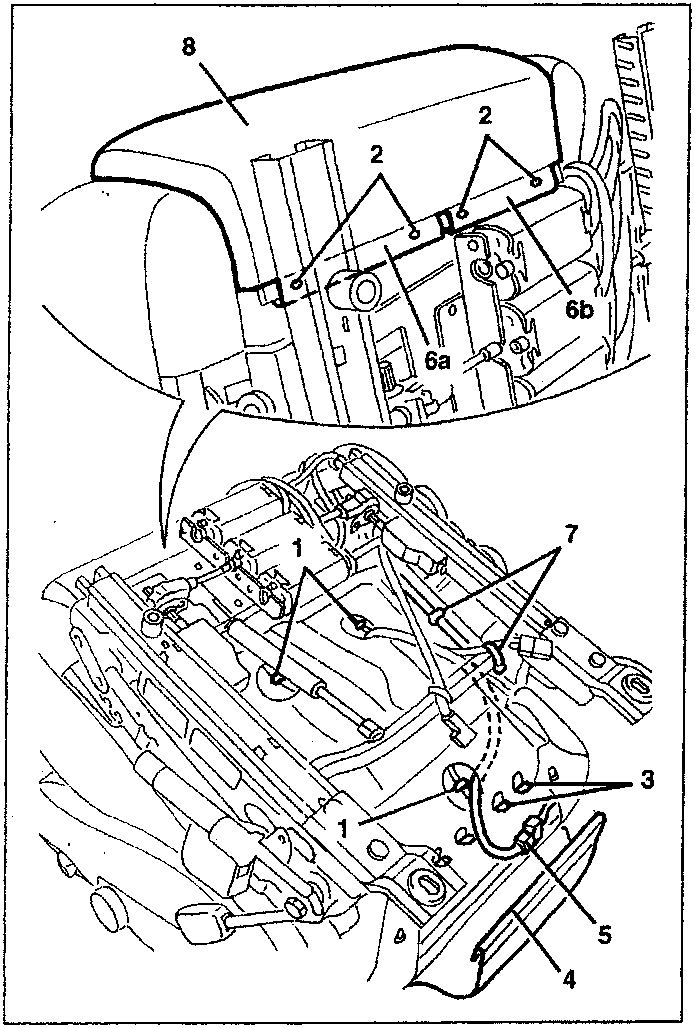 Diagram showing seat components with numbered parts including cushion, rods, and clips