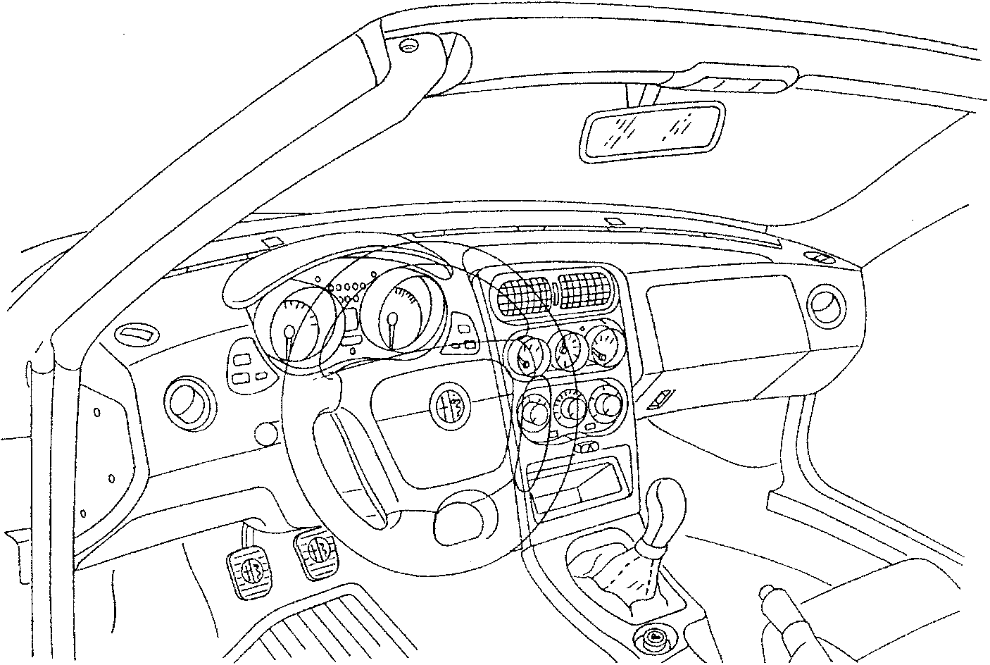 Interior trim diagram showing dashboard, steering wheel, controls, and center console.