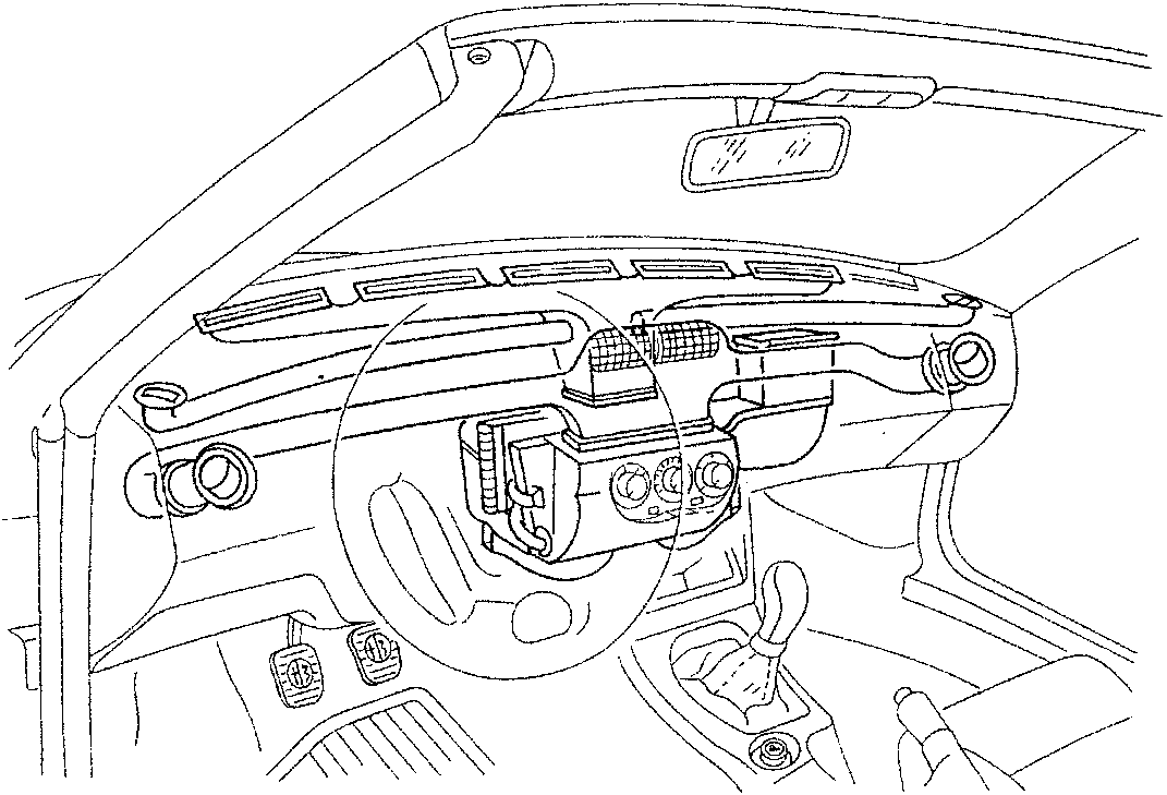 Interior view of dashboard with heater-conditioner unit and air ducts