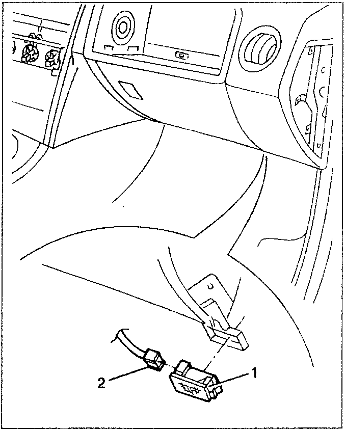 Diagram showing the right lower lamp removed with its electrical connector labeled 1 and the wiring labeled 2