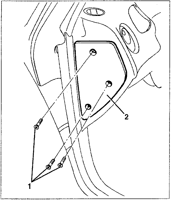 Diagram showing three screws fastening a plate to the dashboard, with callouts 1 and 2 pointing to the screws and plate respectively