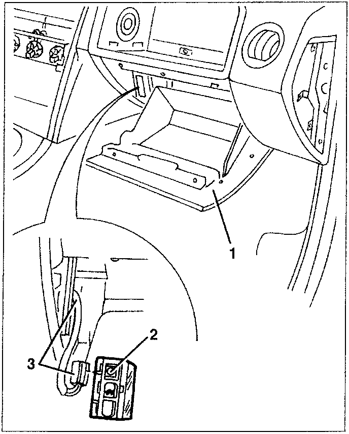 Diagram showing the glovebox open with a lamp unit labeled 1 and an electrical connector labeled 2, with callout 3 pointing to the wiring harness