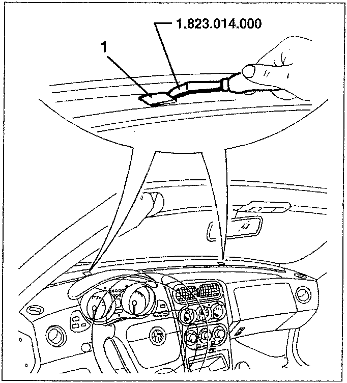 Illustration showing a hand using tool 1.823.014.000 to remove dashboard upper covers