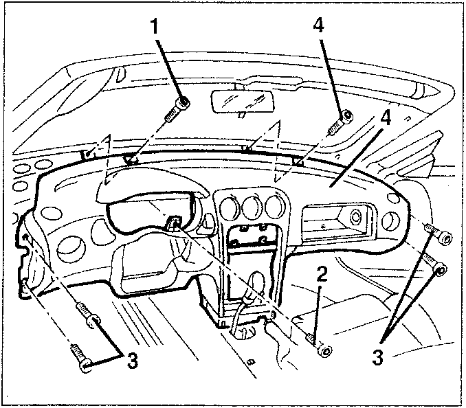 Diagram showing dashboard with screws and climate control system assembly