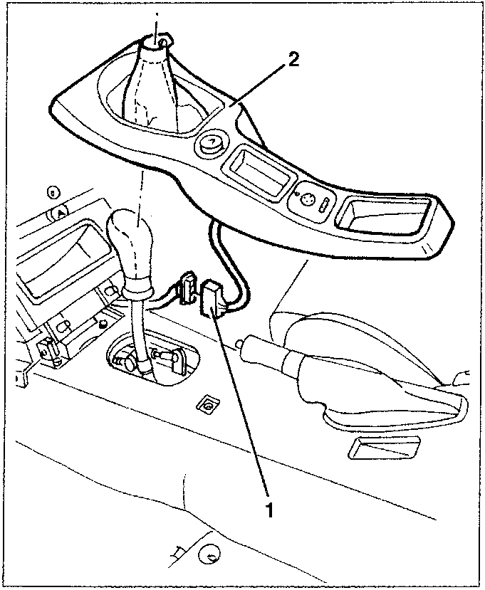 Diagram showing tunnel console with electrical connector 1 and armrest 2