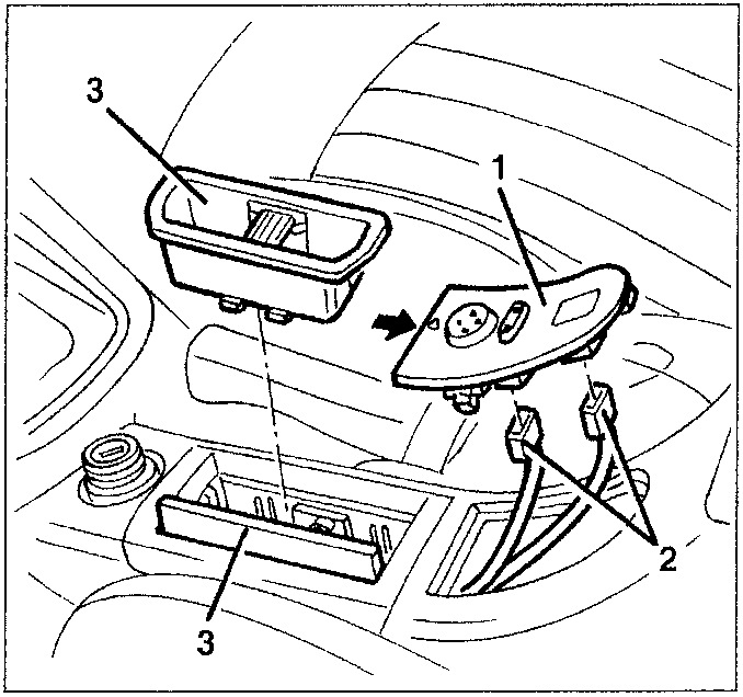 Diagram showing rearview mirror/electrical hood switch plate, electrical connections, and ashtray