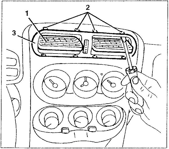 Diagram showing removal of climate control knobs and radio compartment