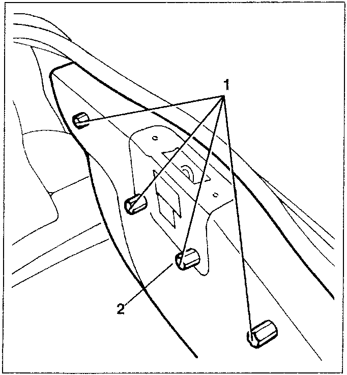 Diagram showing removal of rear luggage compartment trim with parts labeled 1 and 2