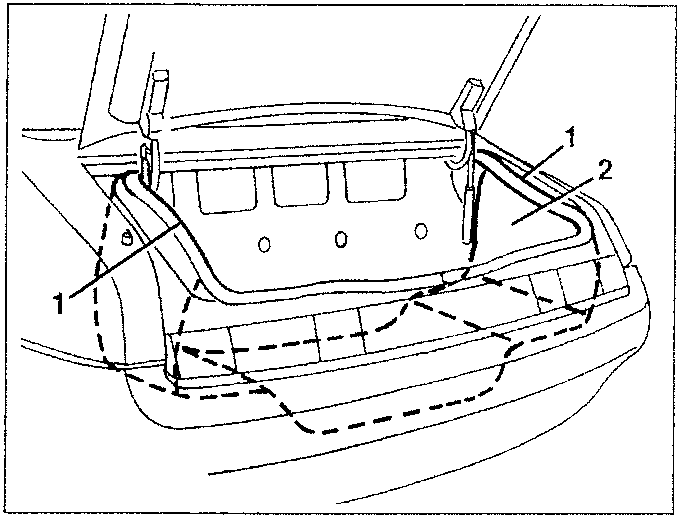 Diagram showing removal of luggage compartment floor trim with parts labeled 1 and 2