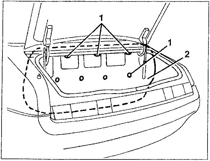 Diagram showing removal of luggage compartment interior trim with parts labeled 1 and 2