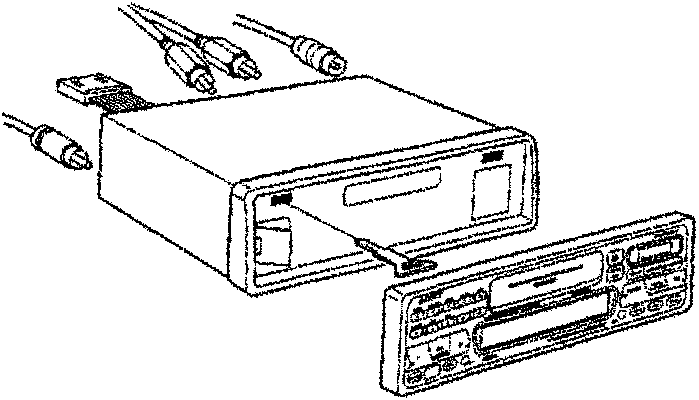 Radio Removal diagram showing a car stereo unit with cables connected and its front panel being pulled out.