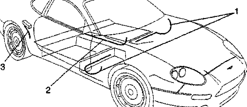 Side view of car with harness components indicated