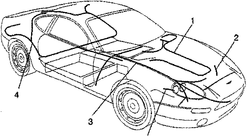 Side view of car with harness components indicated