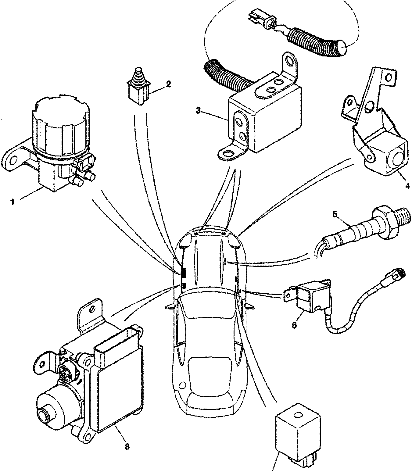 Electrical component layout for DB7 vehicle showing various sensors and relays connected to a car schematic.