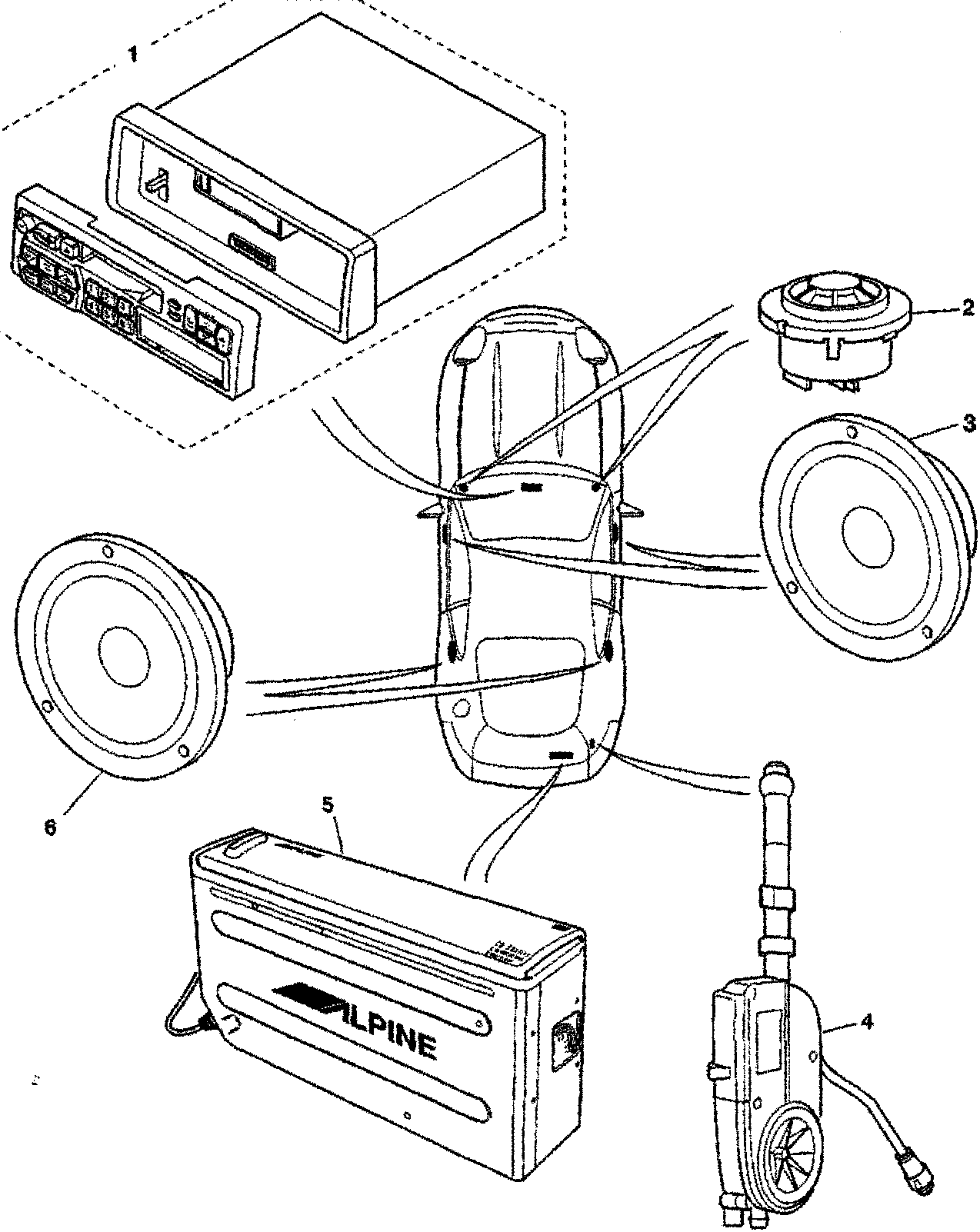 Component location diagram for DB7 electrics showing stereo unit, speakers, amplifier and antenna