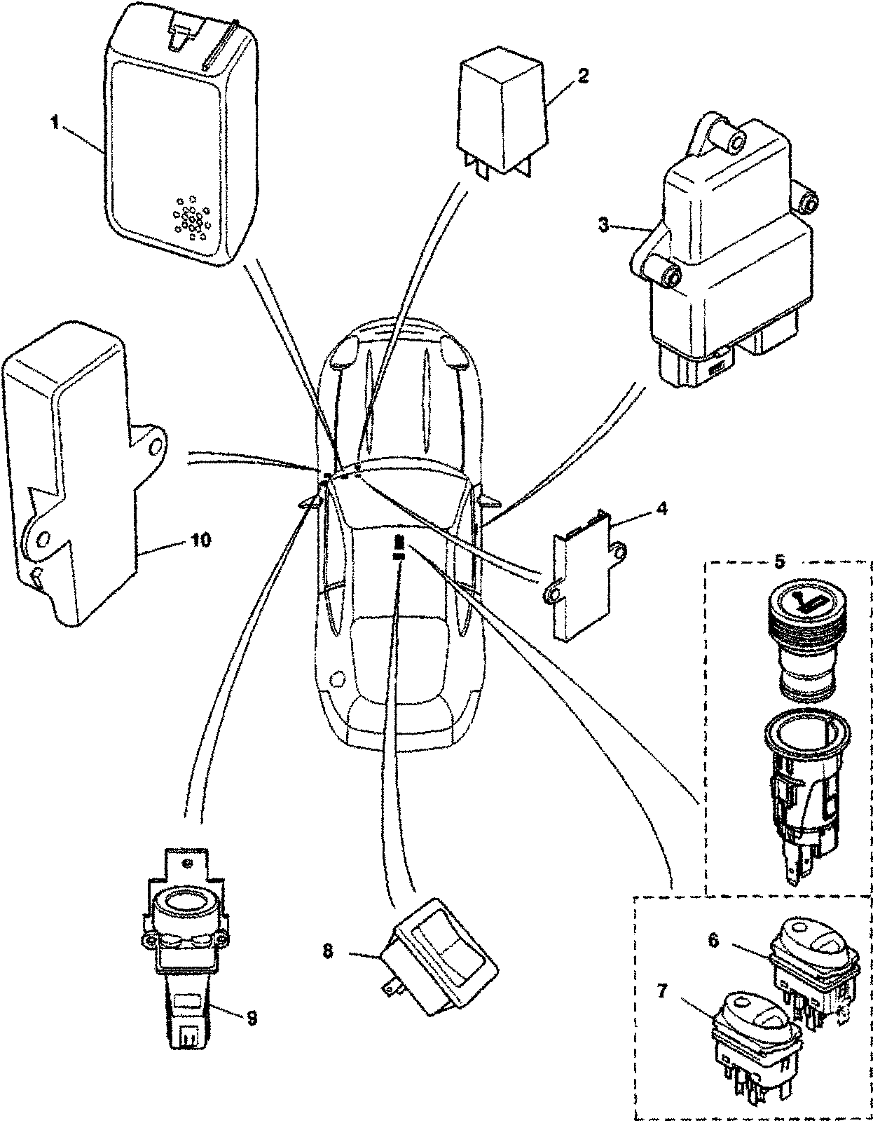 Top view of a car with various electrical components connected by lines to different parts of the vehicle. Components are labeled 1 through 10.