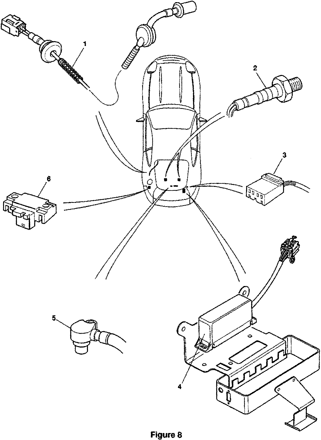 Top-down schematic of a car with electrical components labeled 1 through 6, showing wiring connections to various parts including a central module (4), sensors (1, 2, 5), and connectors (3, 6).