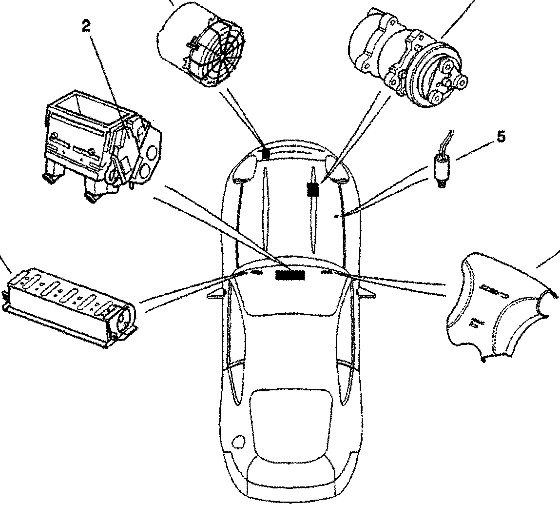 Top view of a car with six electrical components labeled 1 through 6, shown around the vehicle.