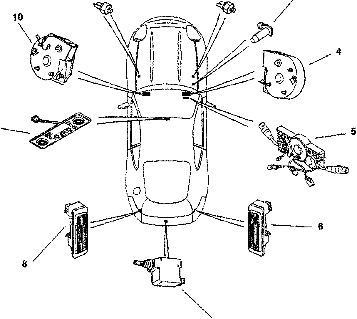 Top-down schematic of a DB7 car showing electrical components with numbered callouts.