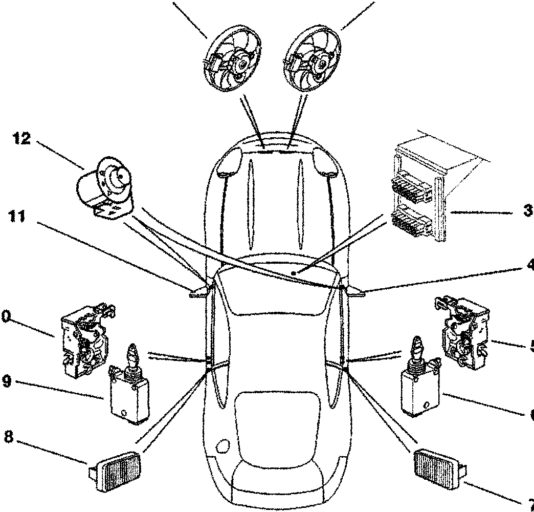 Top view diagram of a car with numbered electrical components around it.