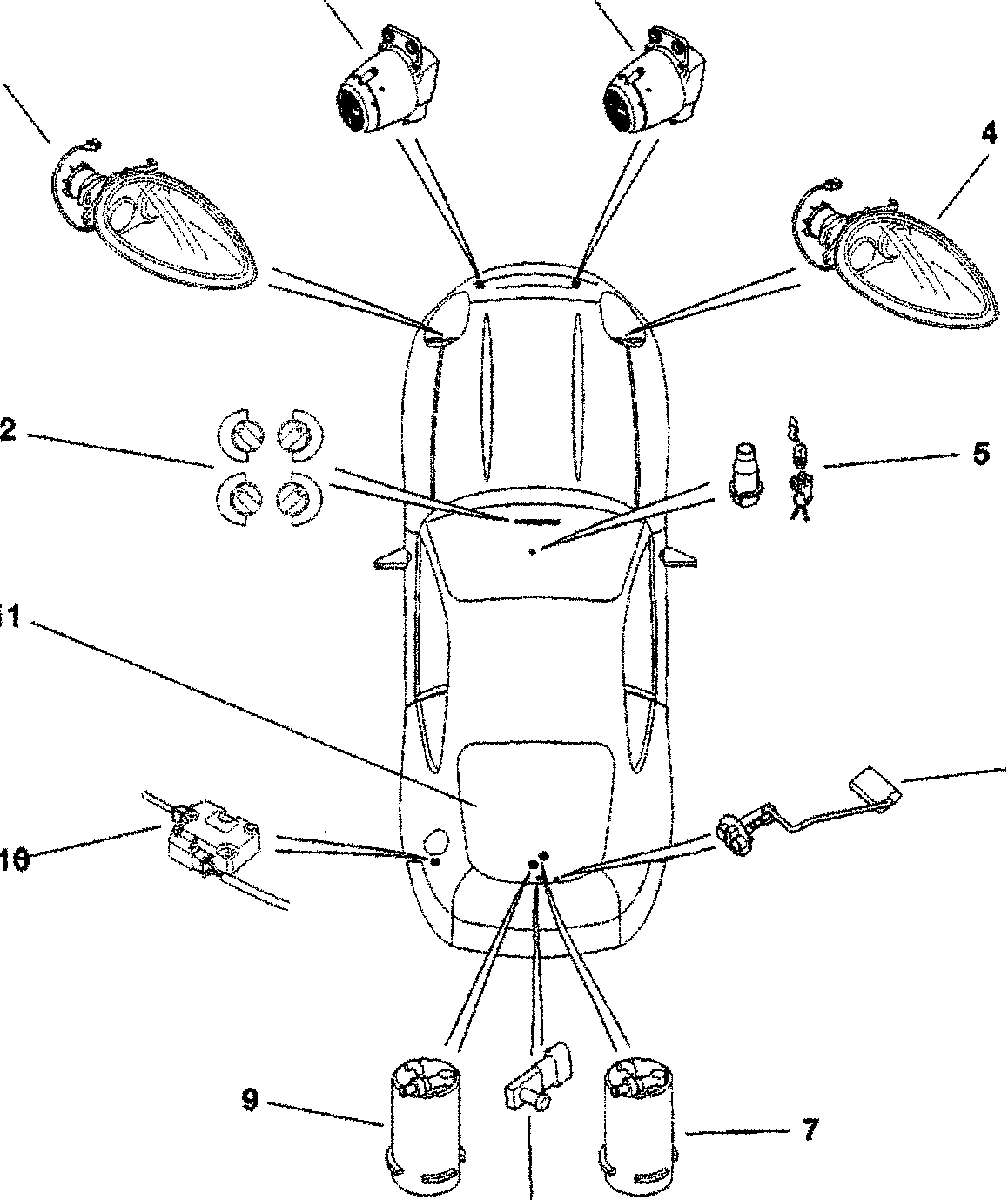 Top view of a car with numbered electrical components around it.