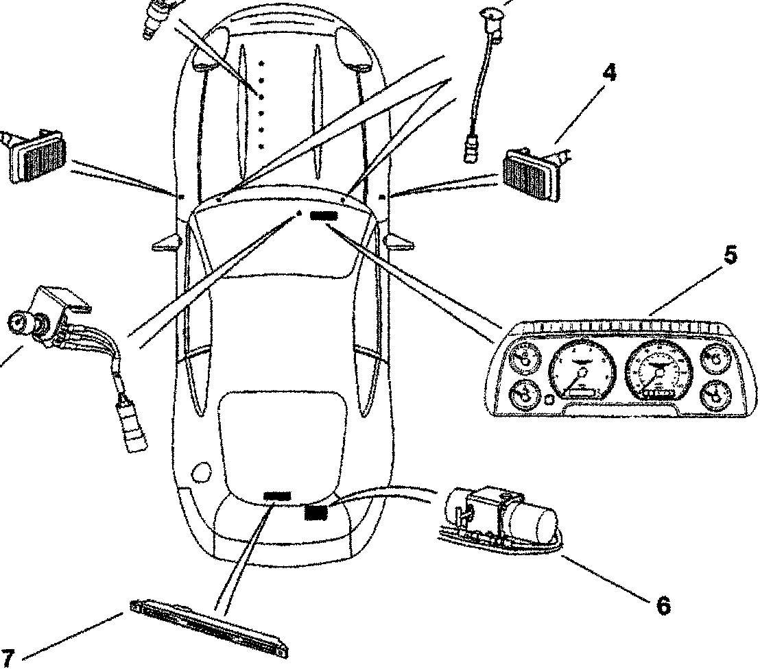 Top view of a car with labeled electrical components including headlights, taillights, dashboard, and other parts.