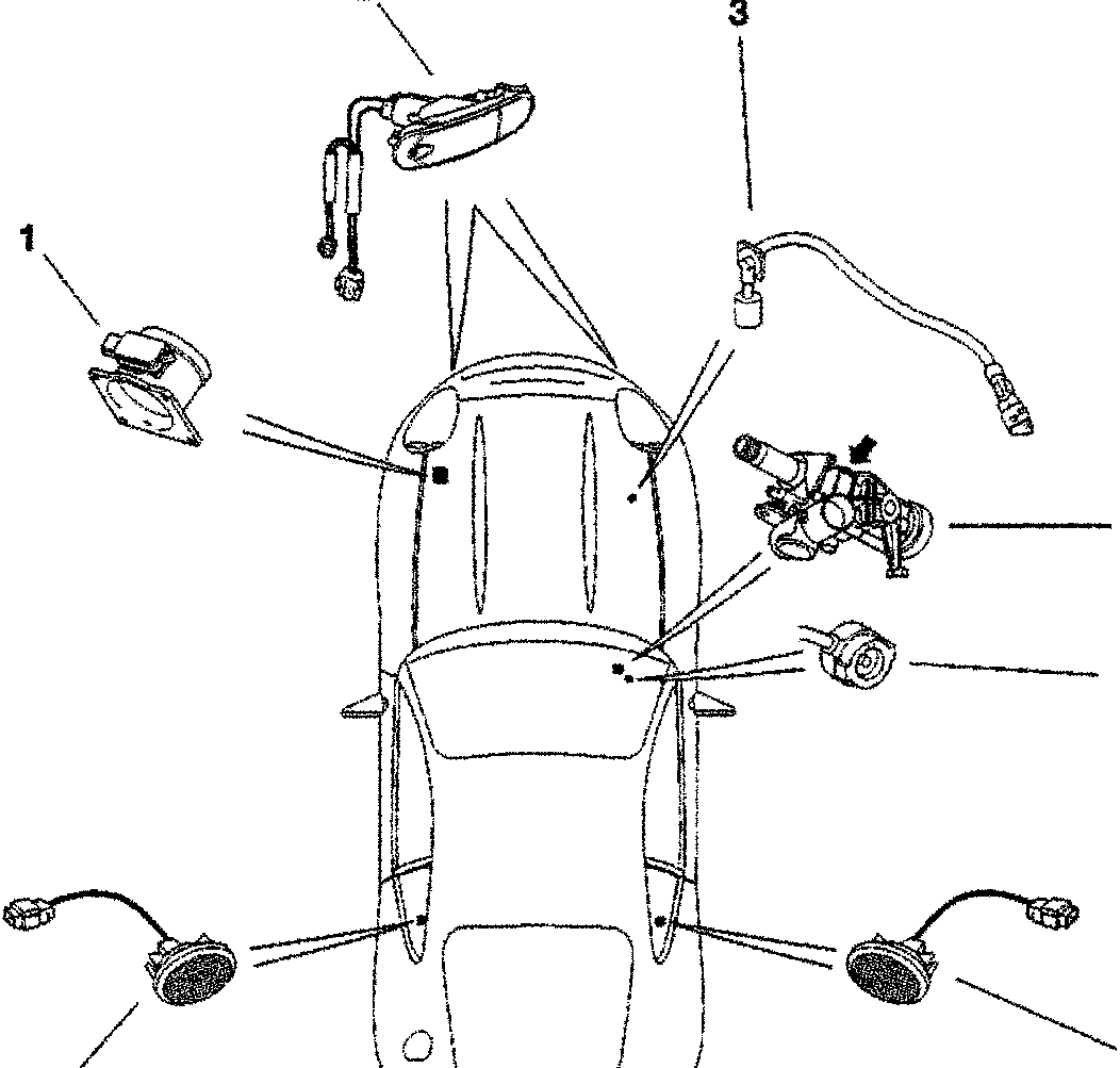 Top view of a car with electrical components labeled 1 through 9, and two close-up views F2 and F3 of the rear bumper area.