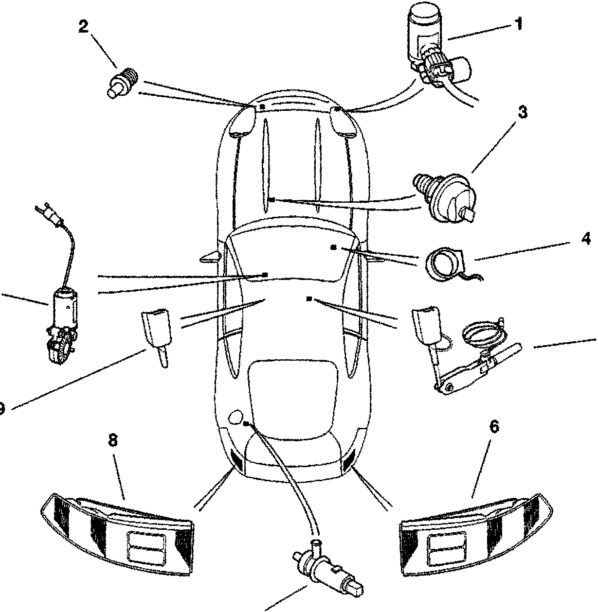 Top-down schematic of a DB7 car showing electrical components with numbered callouts