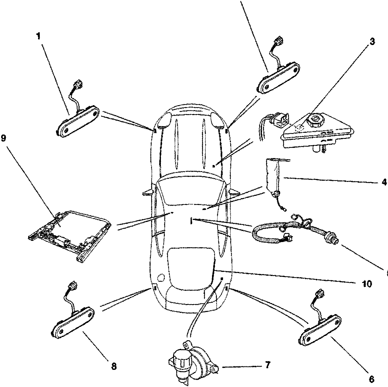 Top-down schematic of a DB7 car showing electrical components with numbered callouts.